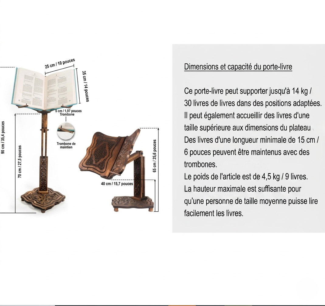 Support de Lecture Grand Format – Porte-Coran Réglable et Robuste en Bois
