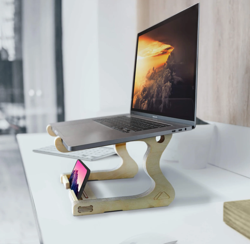 Support d'Ordinateur Portable et Téléphone en Bois Éco-responsable